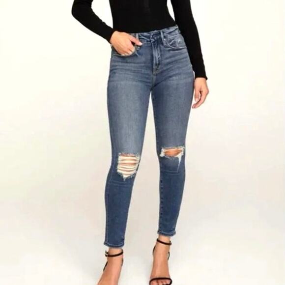 Good American Women's Good Leg Cigarette Distressed Knees Blue jean Size 30X26 - Picture 1 of 13